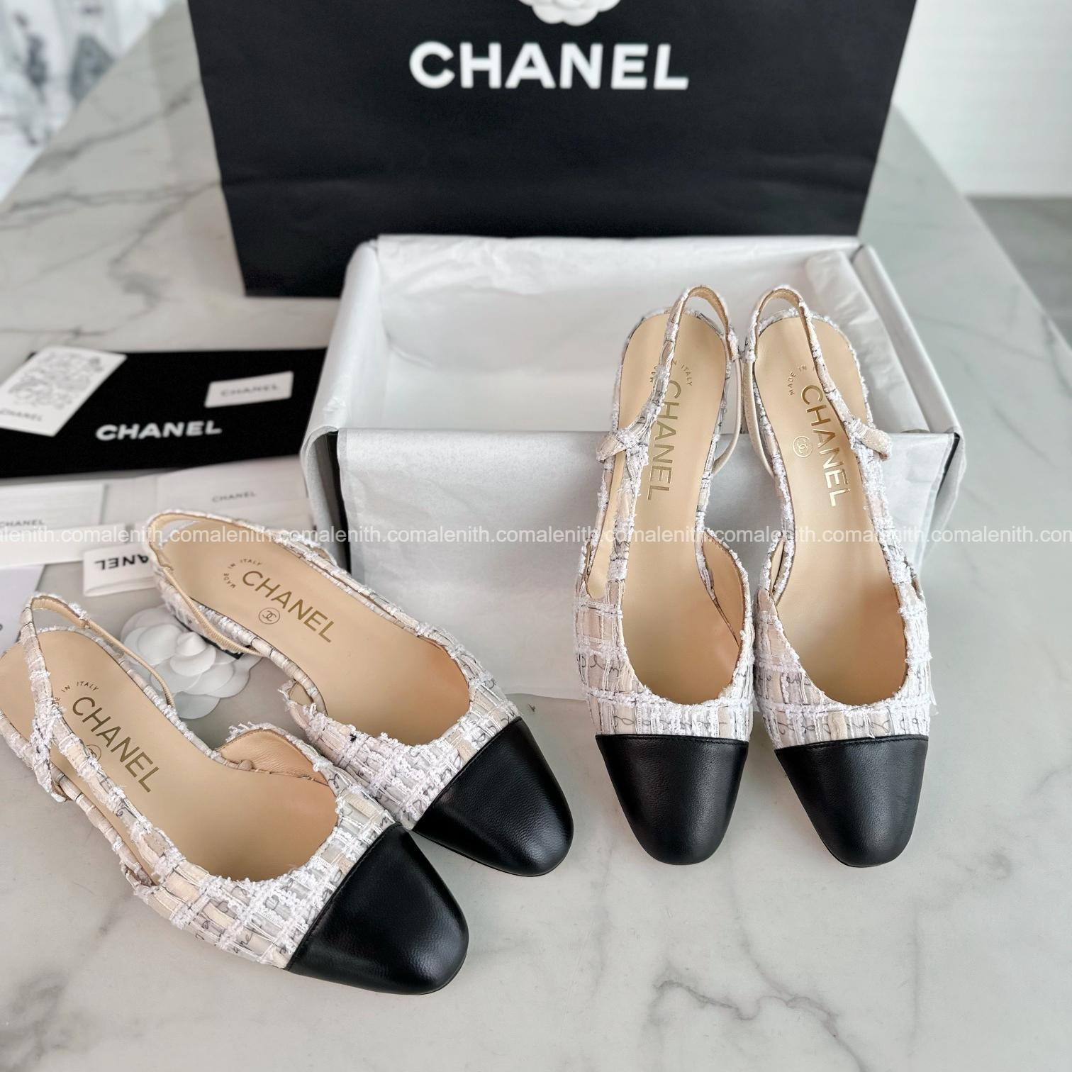 Chanel 22P Lace Letter Beige High Heel Slingback